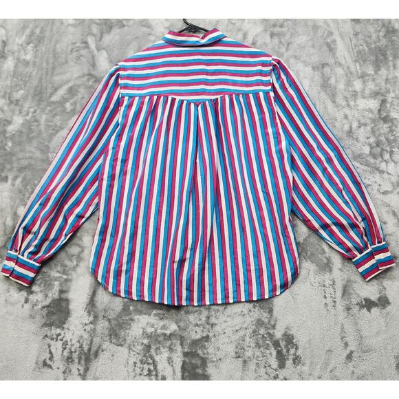 Vintage The Villager Top Womens 16 Pink Blue White Striped Tie Neck Button Front - Picture 3 of 9